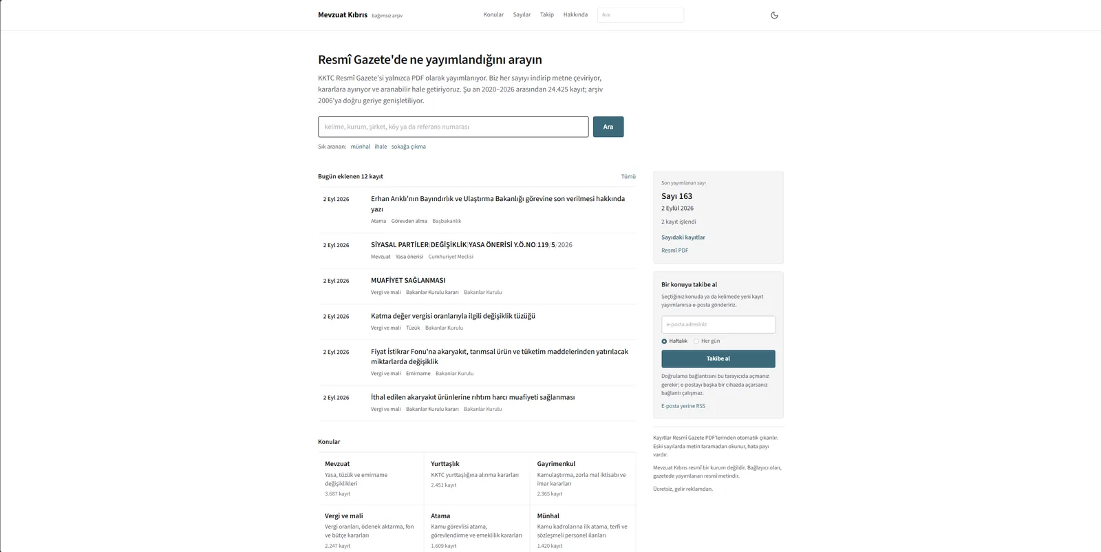 Search across the Official Gazette, today's new records and topic counts, with an e-mail follow box.