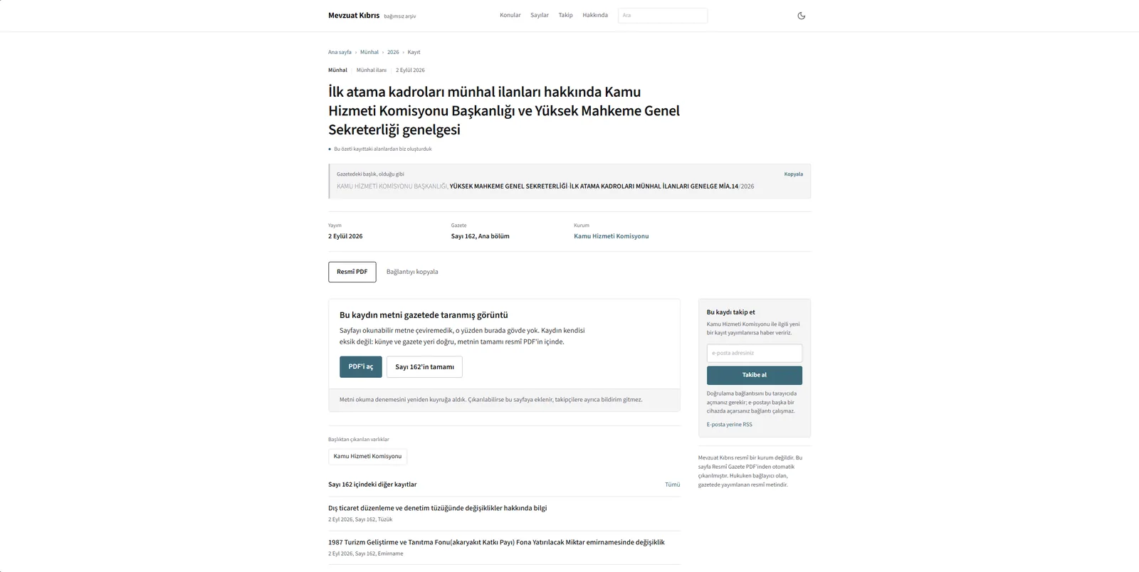 A single record page with the original gazette title, issue, institution and a link to the official PDF.