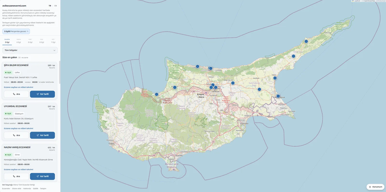 Tonight's duty pharmacies on a map, nearest first, with call and directions buttons.