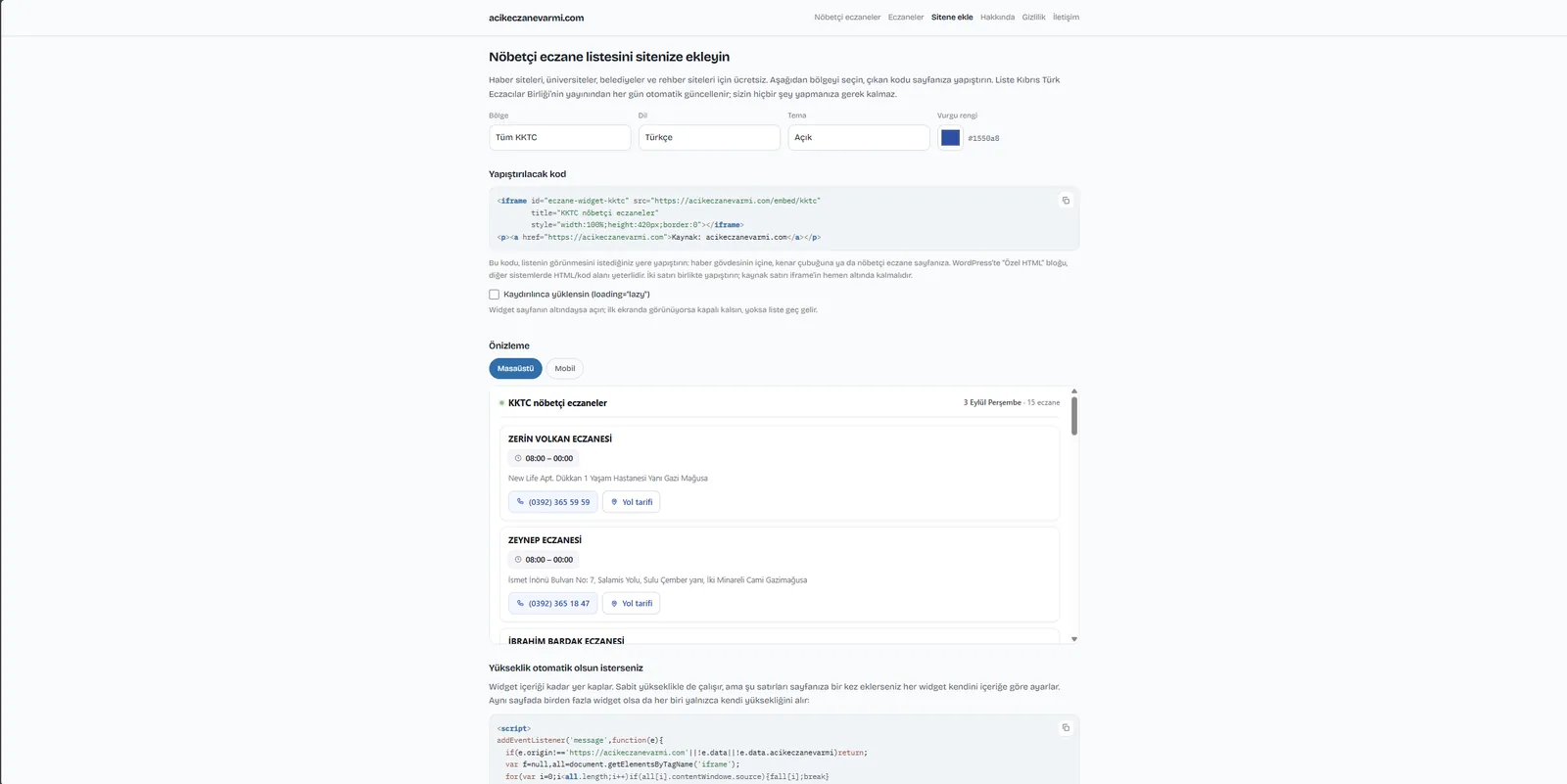 Embed page: pick a region, language and accent colour and copy the iframe widget code.