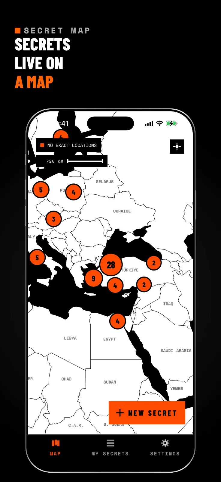 World map with orange clusters showing how many secrets were dropped near each place; no exact locations.