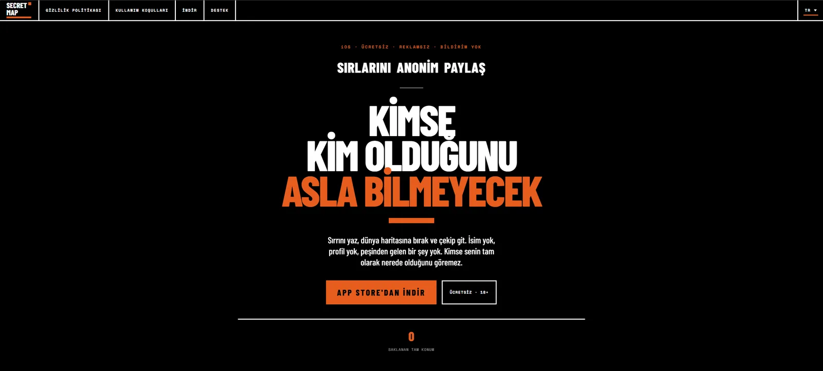 Landing page hero: black ground, orange accent and a single App Store button.
