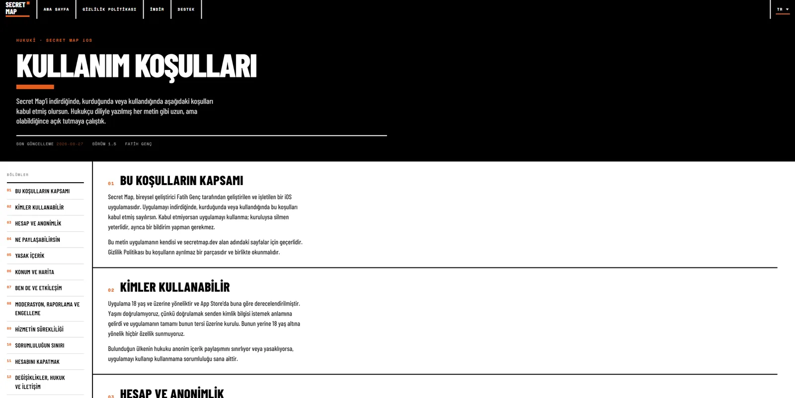 Terms of use page with a numbered section index in the app's own typography.